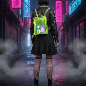 May include: A person wearing a black leather jacket and skirt, with a neon green transparent backpack. The backpack contains glowing lights. The background is a neon-lit street scene with Japanese text.