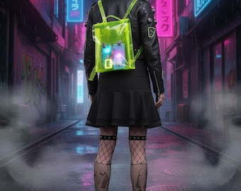 Neon Yellow Clear Backpack Transparent Vinyl Rucksack Y2K Jelly Bag Festival Backpack Vegan School Bag Clear Bag Policy Bag