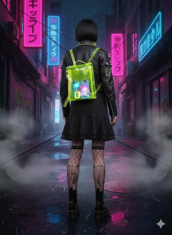 Neon Yellow Clear Backpack Transparent Vinyl Rucksack Y2K Jelly Bag Festival Backpack Vegan School Bag Clear Bag Policy Bag