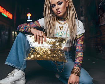 Goldene Pailletten-Clutch, vegane Abendtasche, Sternen-Glitzer-Handtasche, Brauttasche, 90er-Jahre-Metallic-Glitzertasche, individuelle Größe, Geschenk, Festival-Rave