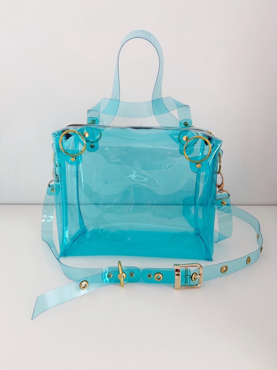 Blue Transparent Vinyl Bag Clear Tote Y2K Aesthetic Bag Festival Rave Purse Trunk Box Crossbody Statement Instagrammable Bag