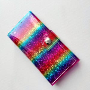 Rainbow shimmering Holographic Vinyl Wallet, Sparkling Silver Confetti, 12 Card Slots, Coin Pocket, Durable & Easy to Clean. Stay Organized