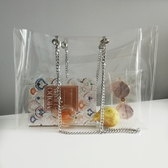 Clear Tote Vinyl Plastic Bag Shopper Acrylic Handles Transparent Carrier  Pack M