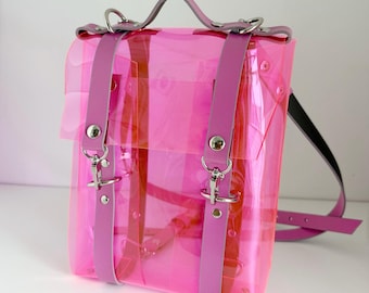 Neon Pink Vinyl Backpack Convertible Bag UV Reactive Fuchsia Leather Crossbody Purse Y2K Minimalist Statement Bag Custom Handmade