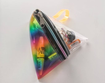 Super stable triangle makeup bag, clear rainbow pyramid, transparent plastic pvc, vinyl handbag, women see through, purse zipper, travel