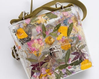 Botanical Clear Vinyl Briefcase Bag Pressed Flowers Handmade Transparent Purse Leather Strap Khaki Unique Nature Aesthetic Gift