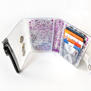 Cartera rosa con purpurina, monedero mediano y bonito, monedero transparente, regalo kawaii, carteras hechas a mano, rosa y negro, veganas y brillantes, estilo grunge. imagen 2