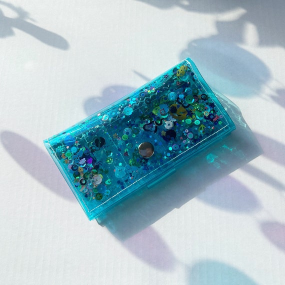 Glitter Wallet Blue Turquoise Vinyl Wallet Holographic Shaker Sequin Organizer 90s Rave Statement Handmade Vegan