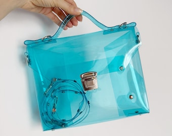 Transparent Blue Vinyl Briefcase Bag Clear Satchel Crossbody Y2K Futuristic Purse Cool Blue 2026 Trend Structured Vegan Bag