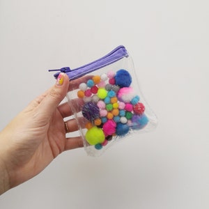 Pom Pom Bubble Wallet: Cute Vegan Coin & Card Purse, Festival Pouch, Party Accessories, Transparent Glitter, Unique Handmade Gift!