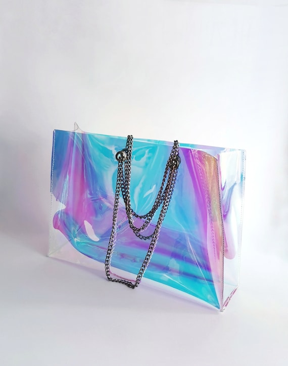 Cyan Green Clear Quilted Jelly Bag Top Handle Transparent Tote Shopper Bag