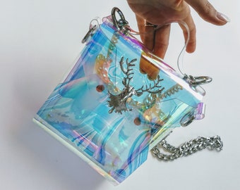 Holographic clear small messenger bag with vintage deer metalwork, retro style mermaid handbag, vegan unique messenger purse, iridescent bag