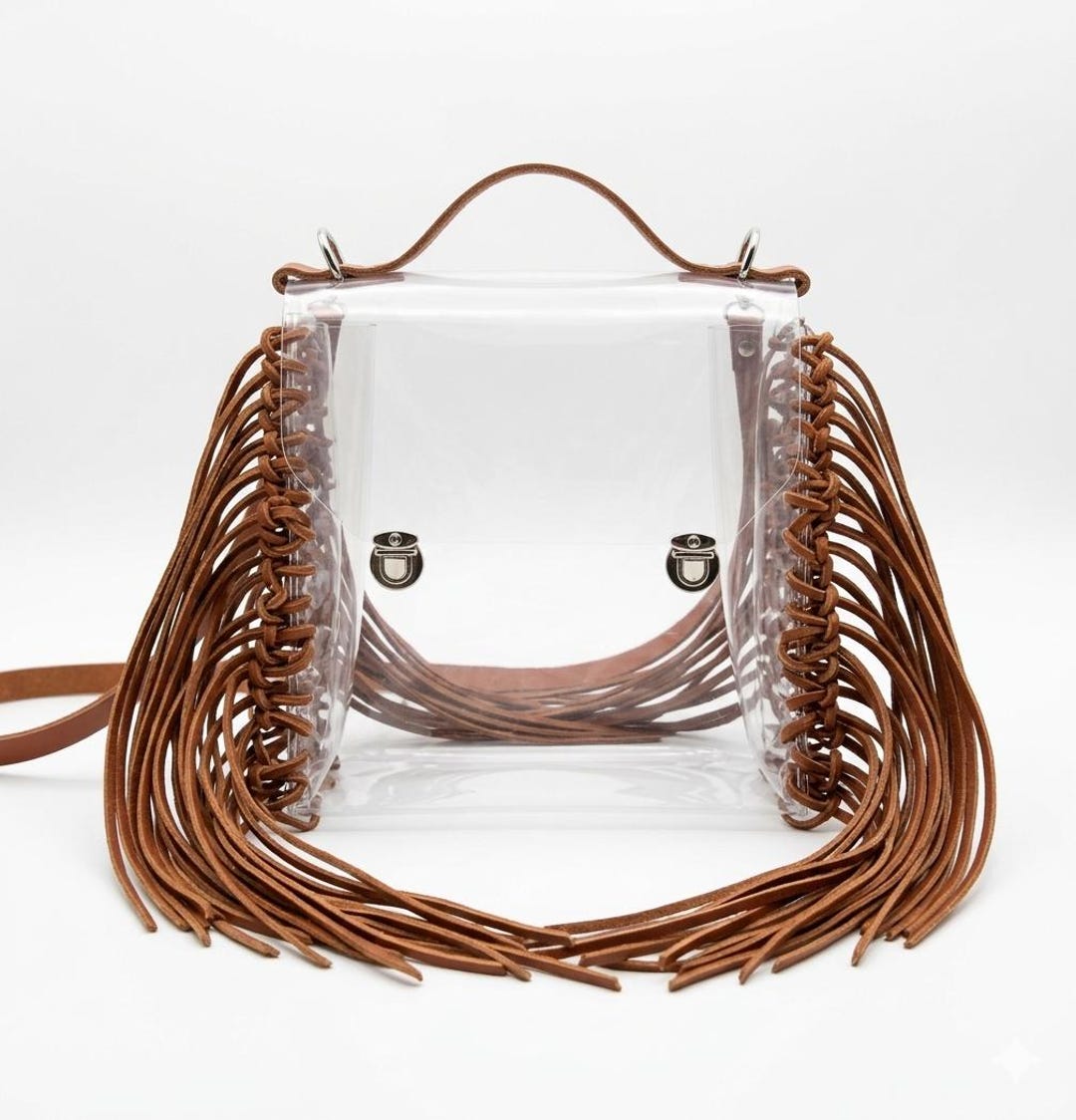 Pvc Briefcase Fringe Boho Clear Messenger Bag Transparent Leather Strap Tote ...