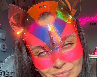 Pink Festival Cyber Cat Mask Holographic Ears Vinyl UV Reactive Catwoman Rave Cosplay Adjustable Vegan Anime Streamer Gadget
