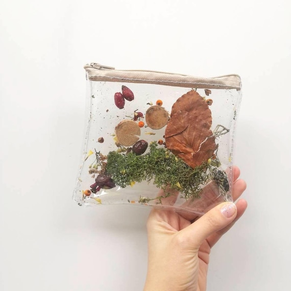 Botanical Vinyl Makeup Bag Unique Nature Design Pouch Forest Style Boho Beauty Organizer Rustic Toiletry Storage European