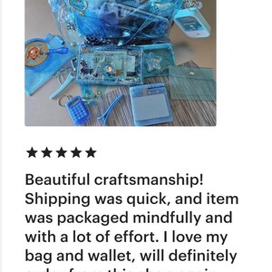 May include: A collection of transparent blue accessories, including a backpack, wallets, and keychains. The items are made of clear plastic and feature various embellishments. The image also includes a calculator keychain and a hair clip.