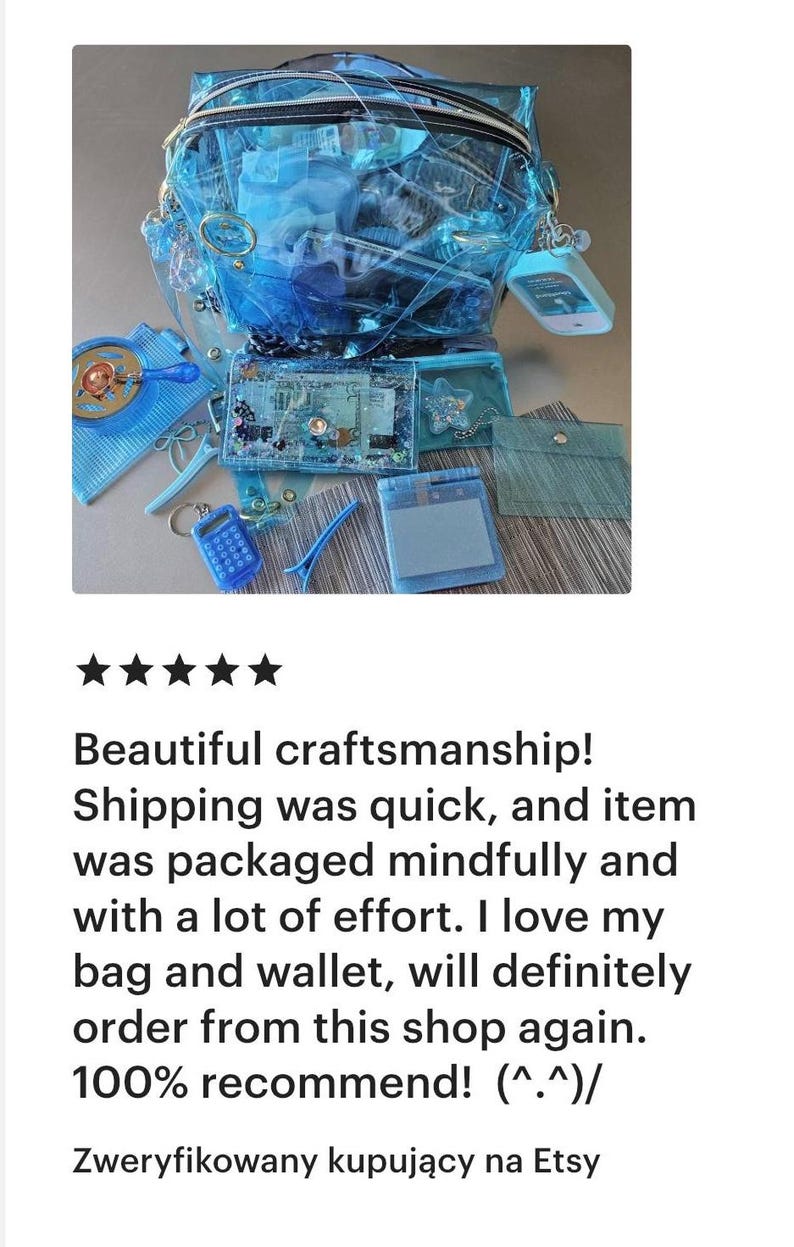 May include: A collection of transparent blue accessories, including a backpack, wallets, and keychains. The items are made of clear plastic and feature various embellishments. The image also includes a calculator keychain and a hair clip.