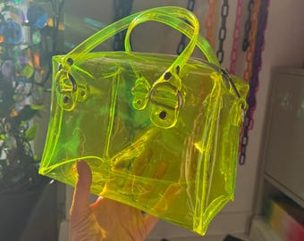 Neon Yellow Vinyl Box Bag Y2K Transparent Handbag UV Reactive Clear Purse Top Handle Crossbody Cute Mini Trunk Statement Bag