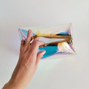 Holographic cosmetic bag, cube makeup purse, raibow toiletry, mermaid shiny cosmetic storage, gift for rave girl, festival style, small shop image 1