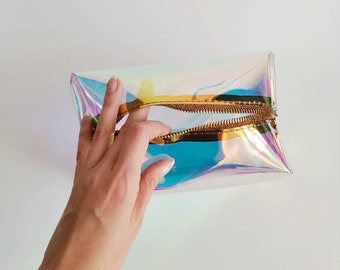 Bolsa cosmética holográfica, bolso de maquillaje cubo, artículos de tocador raibow, almacenamiento cosmético brillante sirena, regalo para chica rave, estilo festival, pequeña tienda