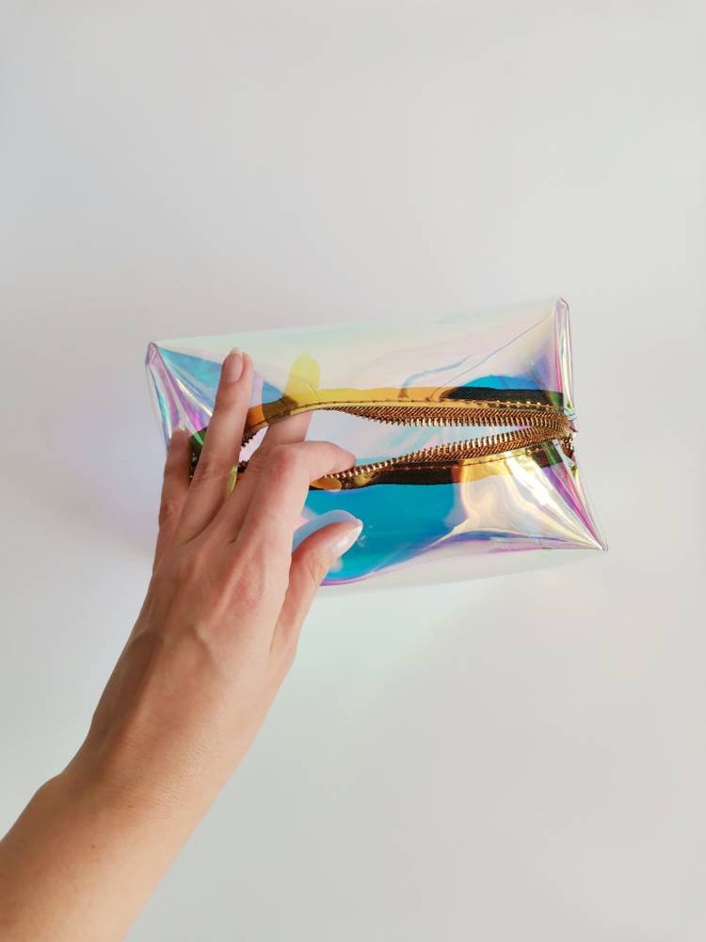 Holographic cosmetic bag, cube makeup purse, raibow toiletry, mermaid shiny cosmetic storage, gift for rave girl, festival style, small shop image 1