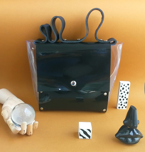 Minimalist Black Handbag With Wavy Top Handle Transparent Vinyl