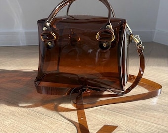 Boxy Brown Bag Clear Vinyl Stadium Approved Transparent Handbag Amber Glossy Trunk Purse Handmade Luxury Clear Bag Statement Crossbody