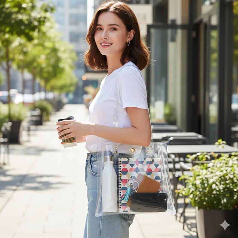 K&ouml;nnte beinhalten: Eine transparente Tragetasche mit einer wei&szlig;en Wasserflasche, einem gemusterten Notizbuch, einer Brieftasche und einem Smartphone. Die Tasche wird von einer Person getragen, die ein wei&szlig;es T-Shirt und eine blaue Jeans tr&auml;gt. Im Hintergrund eine Stadtstra&szlig;e.
