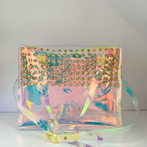 Holographic Vinyl Handbag Iridescent Shoulder Bag Crossbody Rave Festival Eyelet Statement Bag Pastel Goth Scene Girl Gift image 6