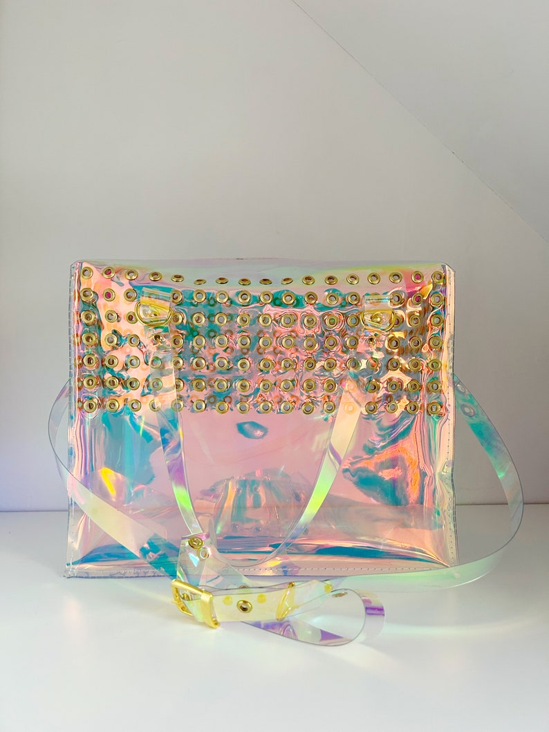 Holographic Vinyl Handbag Iridescent Shoulder Bag Crossbody Rave Festival Eyelet Statement Bag Pastel Goth Scene Girl Gift image 6