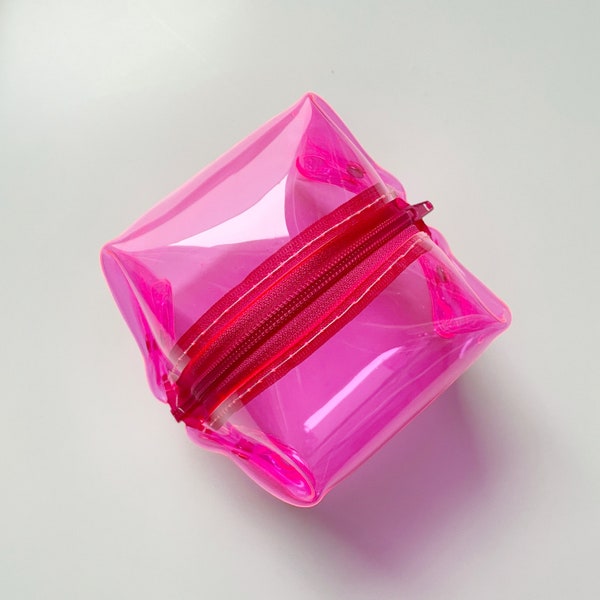 Würfel in Pink, Neonpink mit Reißverschluss, quadratisches Etui, Make-up Zubehör, Premium-Qualität, für Make-up-Künstlerin, Kosmetikerin, Vinyltasche