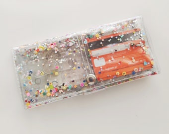 Big kawaii wallet, Transparent with fimo confetti, glitter Id holder, 90s baby nostalgia, vinyl wallet, gift for vegan, gift for teenager