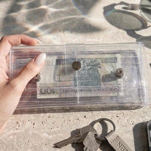 May include: A clear, rectangular wallet with a snap closure, holding Polish banknotes. The wallet is transparent, allowing a view of the currency inside. Keys, a phone, and sunglasses are also visible.