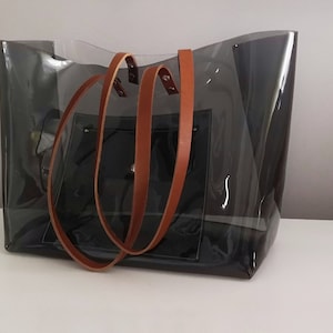 Transparent Tote Bag, Clear & Smoked Vinyl Shopper, Leather Transparent Tote Bag, Clear & Smoked Vinyl Shopper, Leather