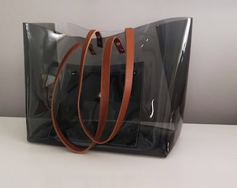 Sac en vinyle surdimensionné, sac énorme, sac transparent, sac à main noir et transparent, sac de style ville, sac de sécurité, sac à main de tous les jours, sac biga unique