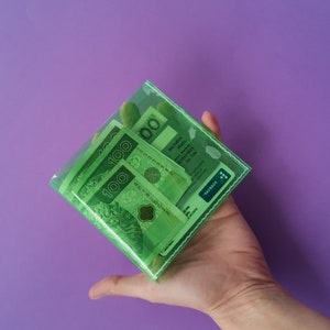 Pu&ograve; includere: Un portafoglio quadrato trasparente con bordo verde, pieno di banconote polacche verdi. Il portafoglio contiene anche una carta Payback. Lo sfondo &egrave; viola.