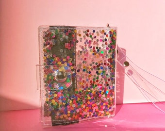 Small glitter wallet, gift for teenagers, rainbow confetti, wristlet card holder, sparkly and 90's kid wallet, vegan and kawaii purse, shiny