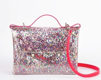 Rainbow Confetti Messenger Bag Y2K Glitter Shoulder Purse Clear Vinyl Handbag Red Leather Accent Statement Bag Maximize Vibes