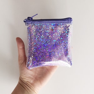 Portafoglio glitterato viola, grazioso portamonete, piccola borsa trasparente, astuccio trasparente, portamonete, porta carte e denaro, tasca in vinile