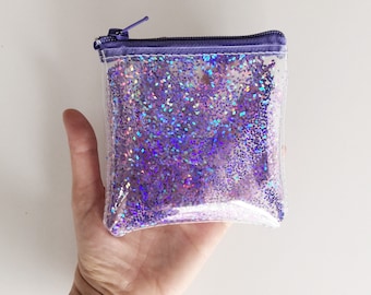 Purple glitter wallet, cute coin purse, small clear purse,  transparent pouch, change purse, card and money wallet, vinyl pocket