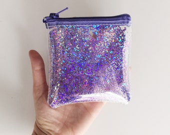 Purple glitter wallet, cute coin purse, small clear purse,  transparent pouch, change purse, card and money wallet, vinyl pocket