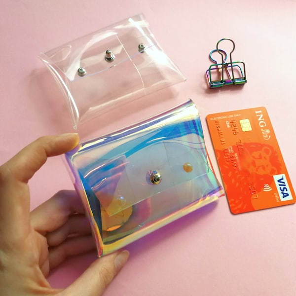 Étui holographique transparent pour cartes de visite, cartes de crédit, cartes de membre et espèces, porte-monnaie transparent irisé, porte-cartes opale claire