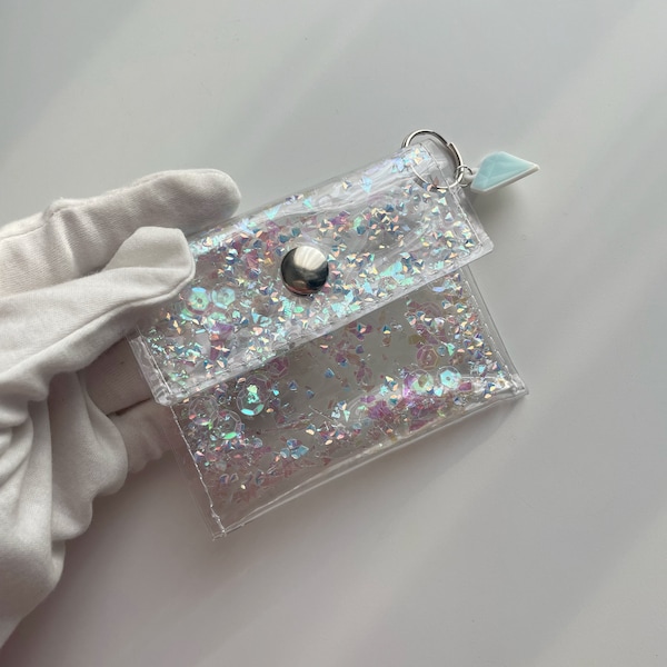 Stylish Small Vinyl Wallet with iridescent Inserts and diamond Charm - Perfect for Festivals and Travel! Barbiecore, Gift for Teens!