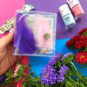 Regalo per donna, porta carte di credito porta documenti con vere piume e glitter, portafoglio in vinile, porta carte unico, opale blu viola verde rosa