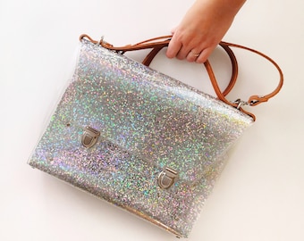Clear messenger bag holographic confetti handbag transparent jelly vinyl Y2K shoulder bag unicorn aesthetic glitter purse