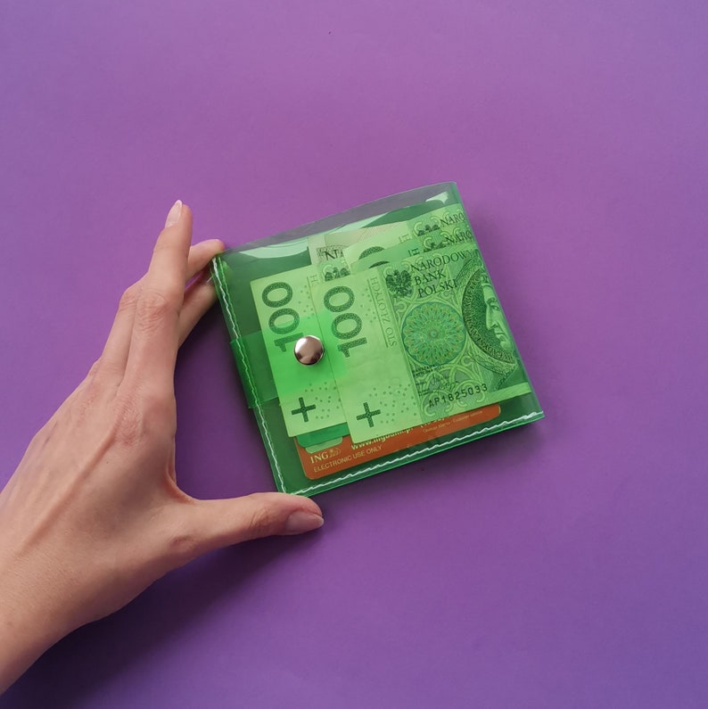 Pu&ograve; includere: Un portafoglio verde trasparente con chiusura a bottone argentato, contenente diverse banconote polacche da 100 zloty. Il portafoglio &egrave; posto su uno sfondo viola. Il testo "100" e "STO ZŁOTYCH" &egrave; visibile sulle banconote.