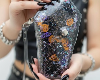 Coffin Wallet Halloween Vinyl Purse Gothic Y2K Spooky Aesthetic Bat Snap Wristlet Chain Crossbody Black Transparent Bag Gift for Her