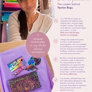 May include: A woman smiles, presenting a clear vinyl wallet filled with glitter, a keychain, and a holographic thank you card. The text reads "Designed & handcrafted in my studio with love and intention."