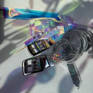 Cinturón holográfico o cinturón de estrella brillante – Cinturón transparente ajustable de 120 cm con hebilla de 4 cm – Cinturón de vinilo PVC Y2K llamativo, tamaño personalizado
