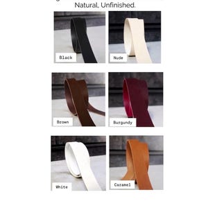 May include: Image of vegetable-tanned cowhide leather in various colors: black, nude, brown, burgundy, white, and caramel. The text reads "Vegetable-Tanned Cowhide Leather, Natural, Unfinished."
